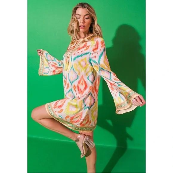New Spring Summer Bell Sleeve Multicolored Watercolor Mini Dress - Picture 2 of 5